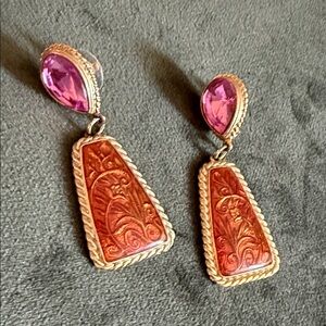 Pink faceted tear drop and & Carved Drop enameled Berebi Vintage signed earrings